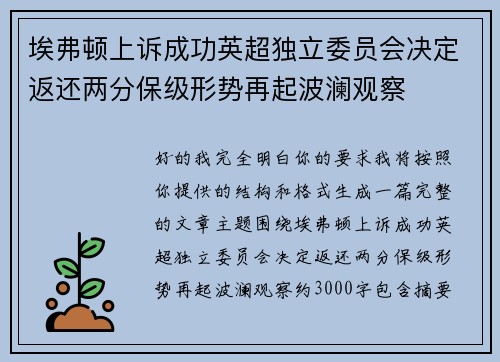 埃弗顿上诉成功英超独立委员会决定返还两分保级形势再起波澜观察