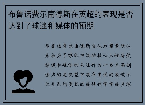布鲁诺费尔南德斯在英超的表现是否达到了球迷和媒体的预期